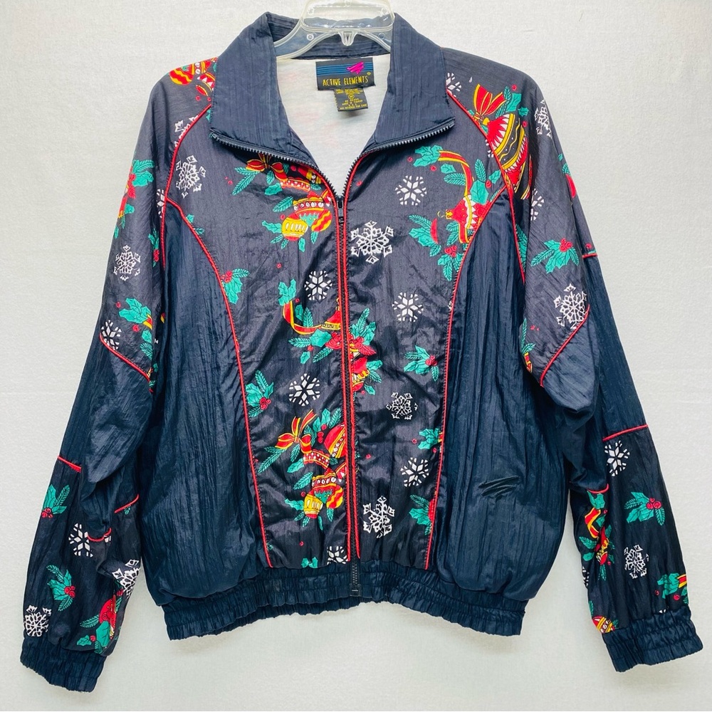 Vintage Active Elements 80's Windbreaker Jacket Full Zip Size M Christmas Pocket